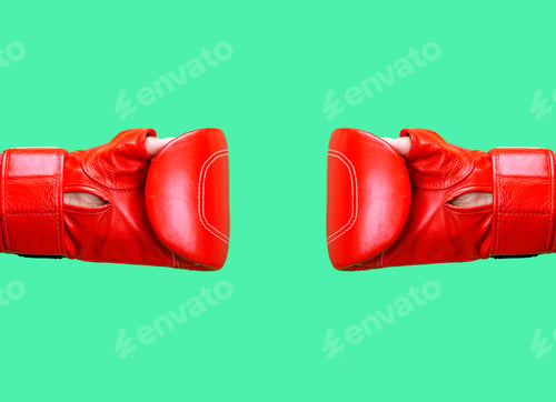 Preview: Two Female Hands Is Wearing A Red Leather Boxing Glove On A Green Background, Opposite Each Other