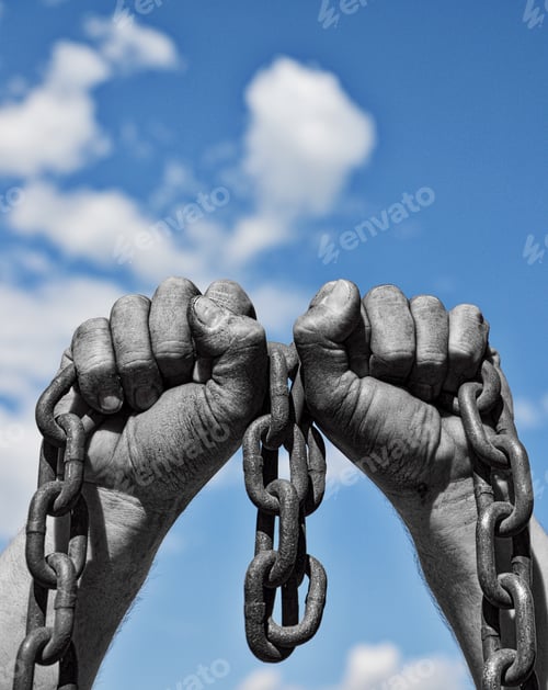 Preview: Two Men'S Hands In The Mud Hold A Rusty Metal Chain Against The Sky, Vintage Toning