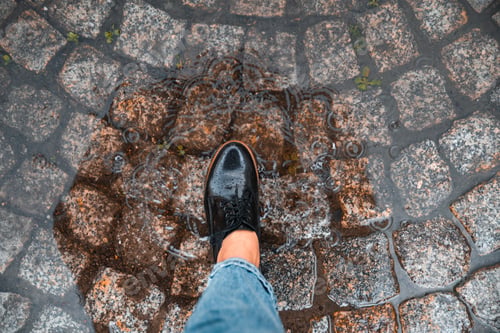 Preview: First Person Point Of View Woman Step Into Puddle In Black Shoes. Autumn Is Coming