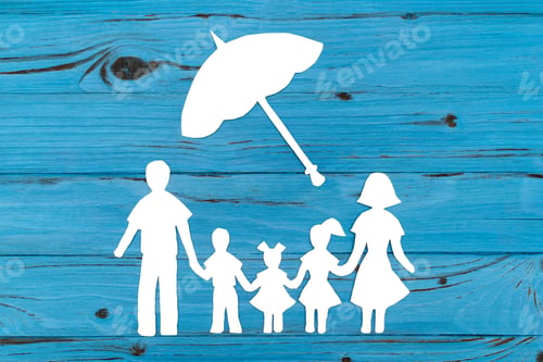 Preview: Closeup Of Happy Paper Family On Blue Background. Social Protection Concept