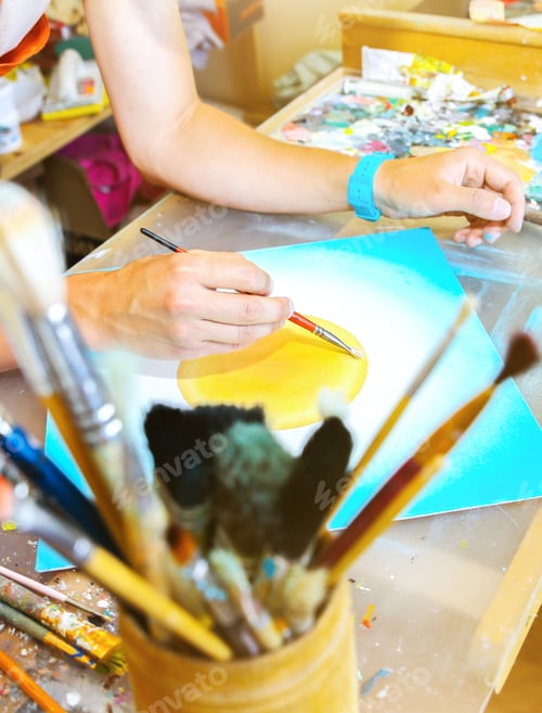 Preview: Real Work Studio Of The Painter. Man Is Creating Picture. Artist Concept. Creative Atmosphere