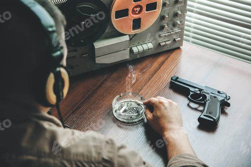 Preview: Special Agent Listens On The Reel Tape Recorder. Officer Is Smoking A Cigarette. Kgb Spying On