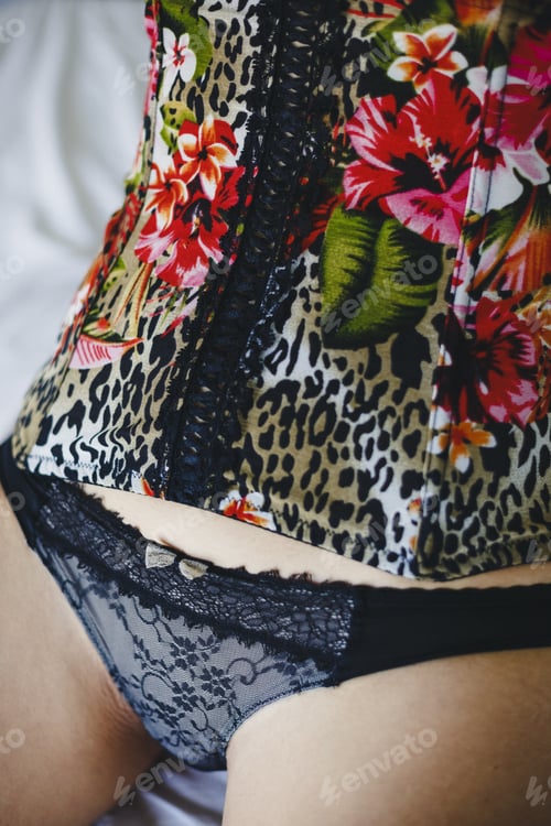 Preview: Sexy Young Woman With Colorful Corset And Elegant Panties Posing Suggestively