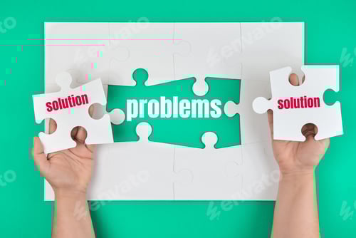 Preview: Female Hand Holding White Puzzle With The Word Solution, Process Of Closing The Missing Element