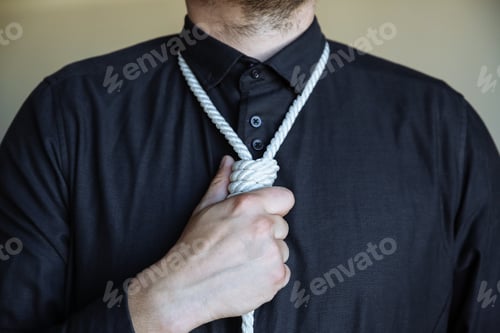 Preview: Noose On The Man Neck. Black Shirt. Suicide Concept. Hanging Because Of Work Stress. Depression Of