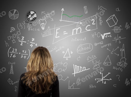 Preview: Girl Looking Back Blackboard Full Of Problems And Formulas