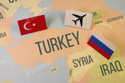 Preview: Turkey Map With Turkish And Russian Flags With An Airplane Sign