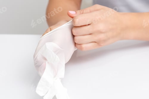 Preview: Close Up Of Woman'S Hands Putting On The White Rubber Gloves In Manicure Salon.