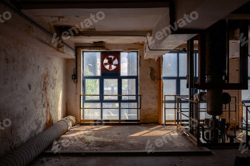 Preview: Large Glass Window Inside Industrial Interior Angle Shot