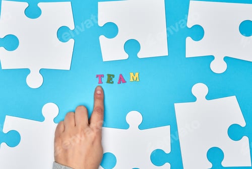 Preview: White Big Puzzles On A Blue Background, Inscription Team, The Concept Of Recruitment In The Company