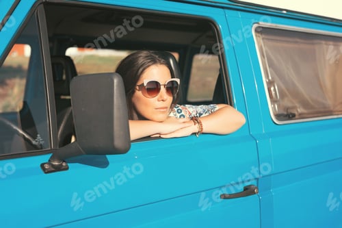 Preview: Summer Holidays, Road Trip, Travel And People Concept, Young Woman Resting In Minivan Car