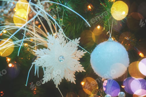 Preview: Christmas Tree With Holiday Decorations Close Up, Retro Toned