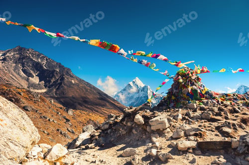 Preview: Colorful Prayer Flags On Thokla Pass, Everest Base Camp Trek In Himalayas, Nepal. Khumbu Valley