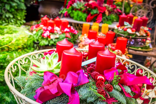 Preview: Decorated Red Advent Candles, Christmas Market Shop In Vienna, Toned