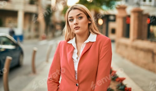 Preview: Young Blonde Businesswoman With Serious Expresison Standing At The City.