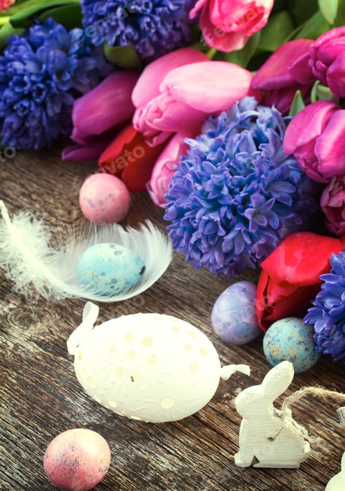 Preview: Easter Eggs And Bunny With Fresh Tulips And Hyacinth, Retro Toned