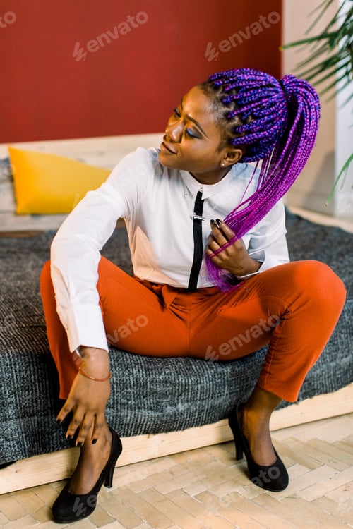 Preview: Full Length Of Attractive Woman With Blue Hair In Stylish Clothing. African Female Fashion Model