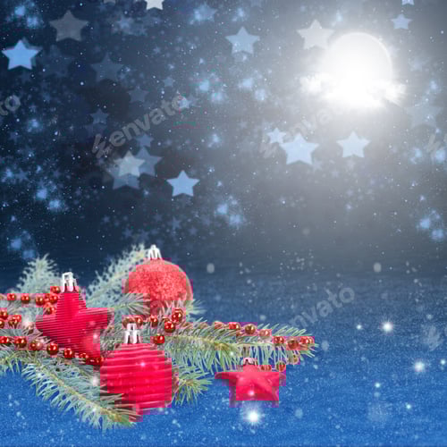 Preview: Red Christmas Decorations On Spruce, Blue Stars? Moon And Snow Background