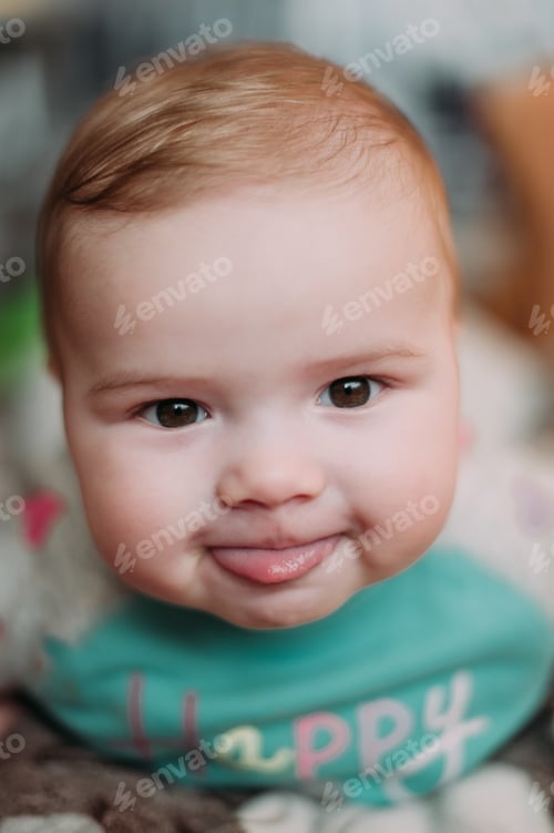 Preview: Little Cute Baby Toddler On Carpet Close Up Smiling Adorable Happy Emotional Playing At Home