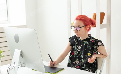 Preview: Illustrator, Creative, Web Design Concept - Female Graphic Designer With Red Hair At Work