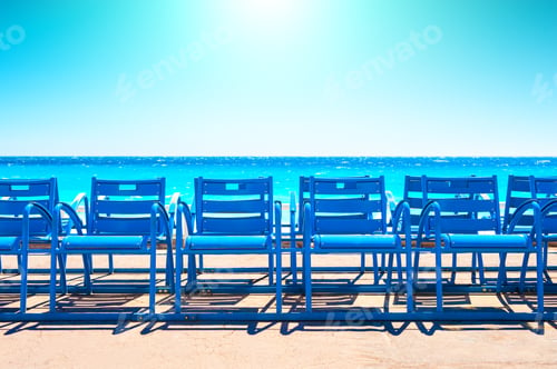Preview: Blue Chairs On The Promenade Des Anglais In Nice, France. Beautiful Turquoise Sea And The Blue Sky