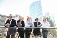 Preview: Satisfied Business Team Members Speaking Outdoors In . Concept Of Biz Partners Enjoying Successful