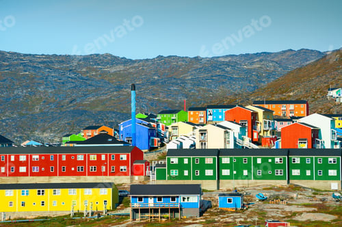 Preview: Colorful Houses On The Rocks In Ilulissat, Western Greenland. Summer Landscape