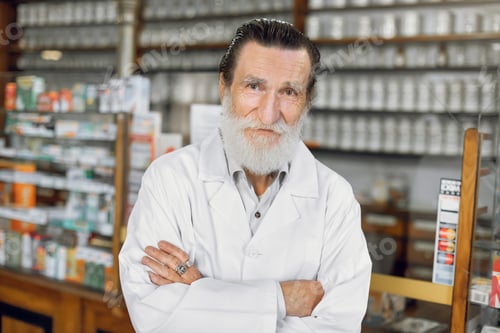 Preview: Medicine, Pharmacy, People, Health Care And Pharmacology Concept - Smiling Senior Male Pharmacist