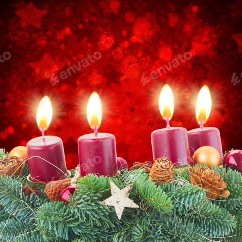 Preview: Evergreen Fir Tree Advent Garland With Burning Candles On Red Background