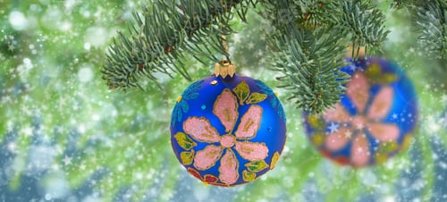 Preview: Blue Balls Hanging On Evergreen Tree On Christmas Blue Background With Snow
