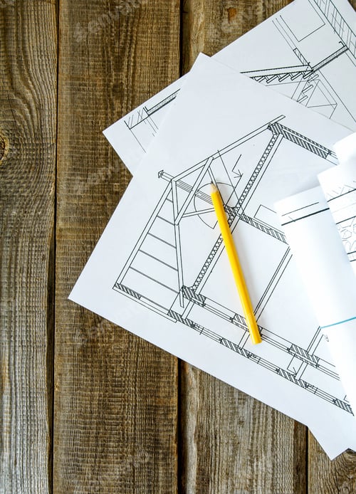 Preview: We Build A Building. House Construction. Many Drawings For Building And Pencils On Old Wooden