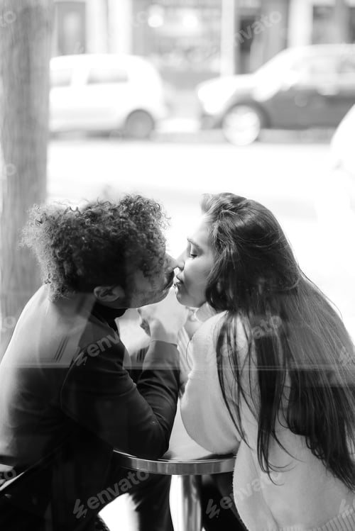 Preview: Black And White Photo Of Afro American Man Kissing Caucasian Woman And Sitting At Cafe, Reflection