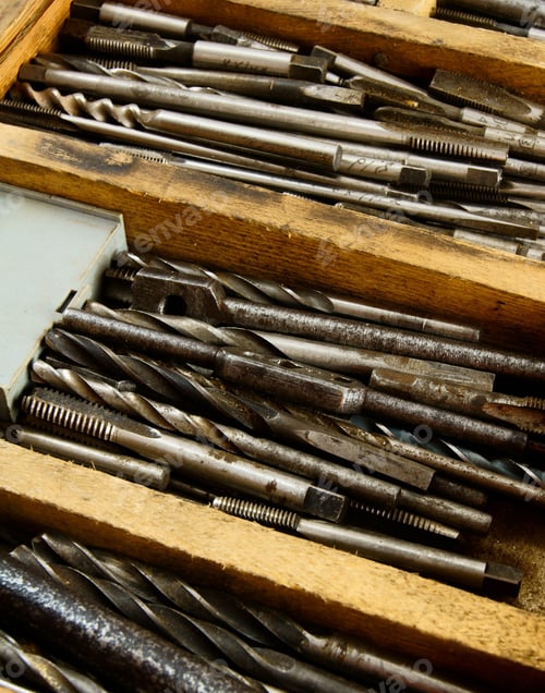 Preview: Old Working Tools. Drills In A Box On A Wooden Background.