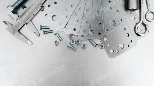 Preview: Metal Tools. A Calliper, Metal Blank And Screws On The Scratched Metal Background.