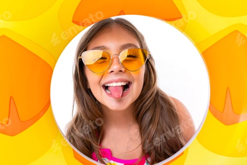 Preview: Bright Portrait Of A Girl In A Swimsuit In Sunglasses In A Swimming Circle In The Form Of Pineapple