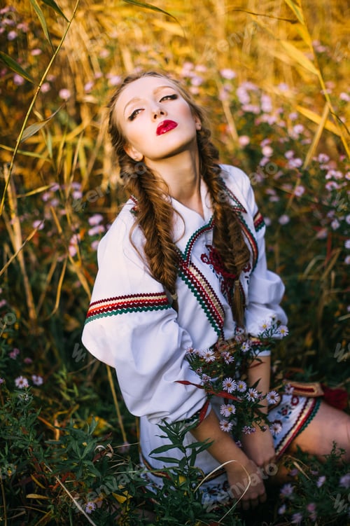 Preview: Young Girl On The Summer Field In National Belarus Clothes, Fashion.Noisy Image. Grain Texture Is