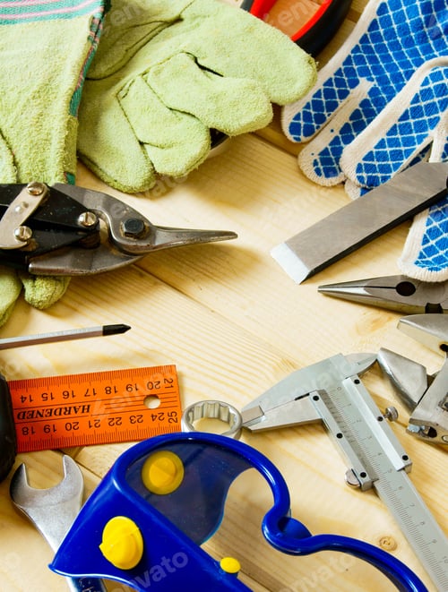 Preview: Working Tools. Many Working Tools On A Wooden Background.