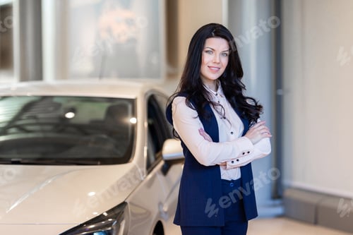 Preview: Beautiful Saleswoman Possing Near New Car In Dealership Center