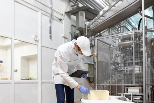 Preview: Man In A White Robe And A Cap Make An Inspection Of The Production Line