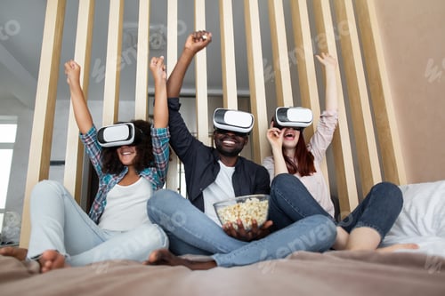 Preview: Handsome Laughing Afro American Man With His Caucasian Wife And Mixed Race Daughter, Using Virtual