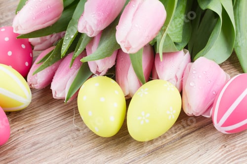 Preview: Bouquet Of Pink Tulips With Eggs For Easter On Wooden Table