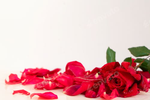 Vorschau: Dunkelrote frische Rose mit Blütenblättern auf neutralem beigem Hintergrund