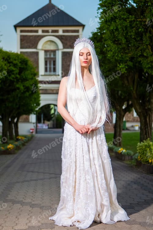 Preview: Portrait Of Tranquil Caucasian Female Bride Wearing Diadem And Long Hair. Posing Outdoors. Vertical