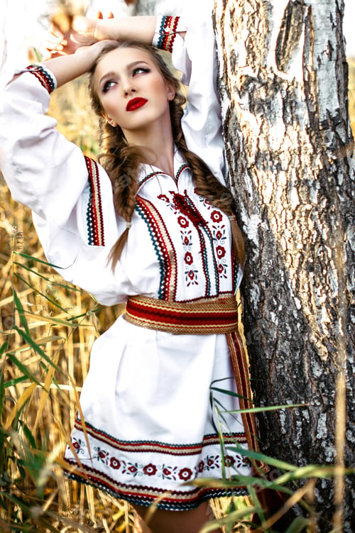 Preview: Young Girl On The Summer Field In National Belarus Clothes, Fashion.Noisy Image. Grain Texture Is