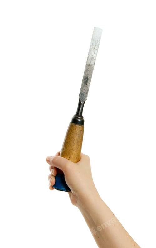 Preview: Working Tools. Chisel In A Hand On A White Background.