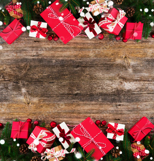 Preview: Christmas Gift Giving Concept - Christmas Presents In Red And White Boxes On Wooden Table, Flat Lay