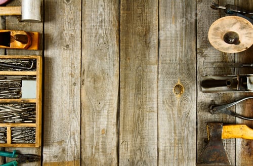 Preview: Old Working Tools. Many Working Tools On A Wooden Background.