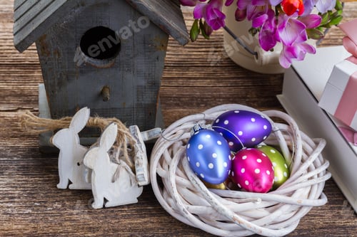 Preview: Spring Rabbits With Easter Eggs And Birdcage