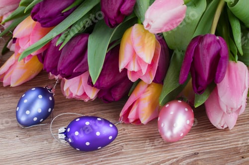 Preview: Bouquet Of Tulips With Eggs For Easter On Wooden Table