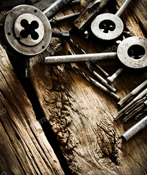 Preview: The Old Working Tool. The Tool For Cutting Of Carving And A Drill On A Wooden Background.
